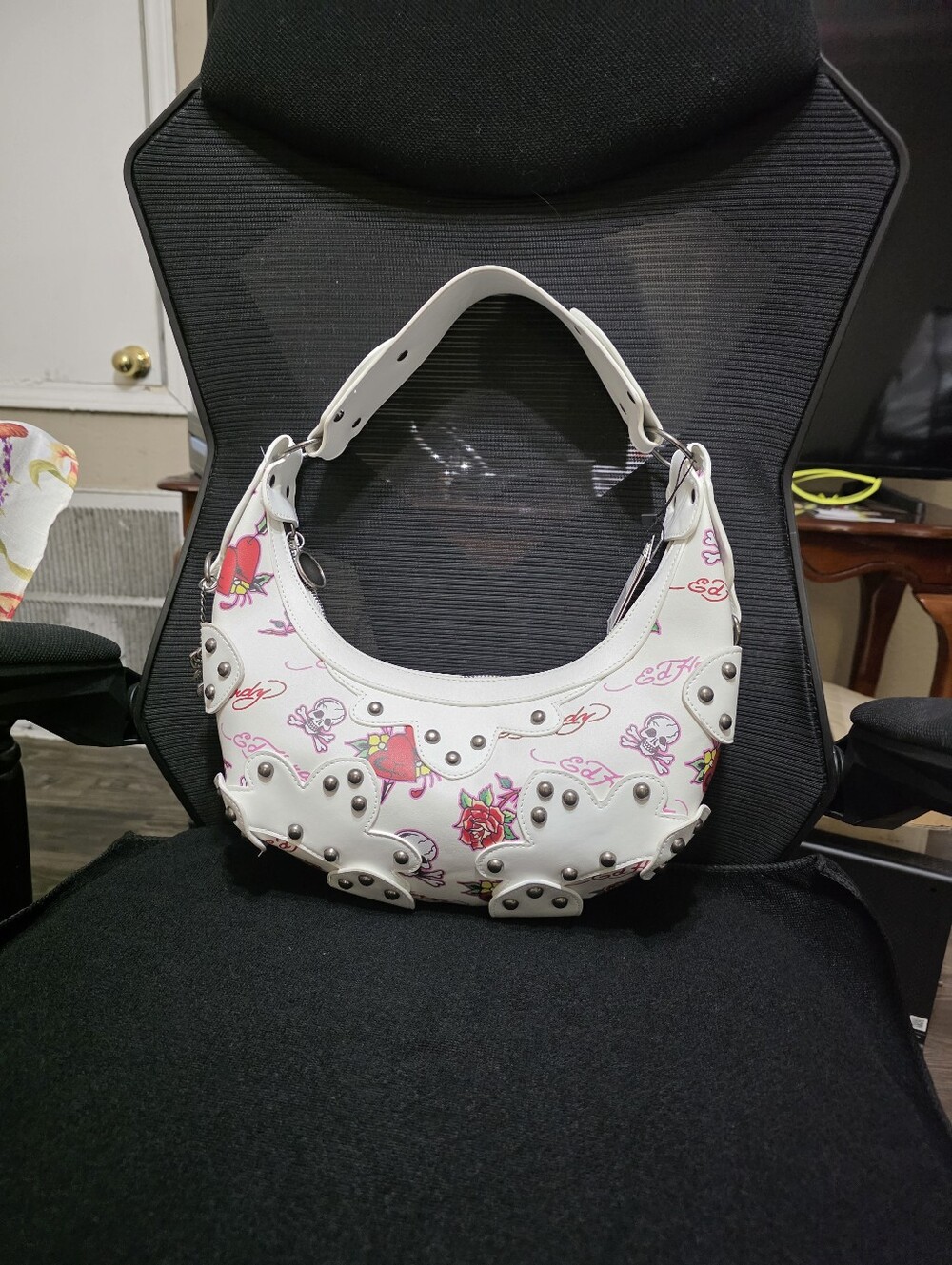NWT Y2KEd Hardy White Skull and Rose Scalloped Studded Hobo Shoulder Bag